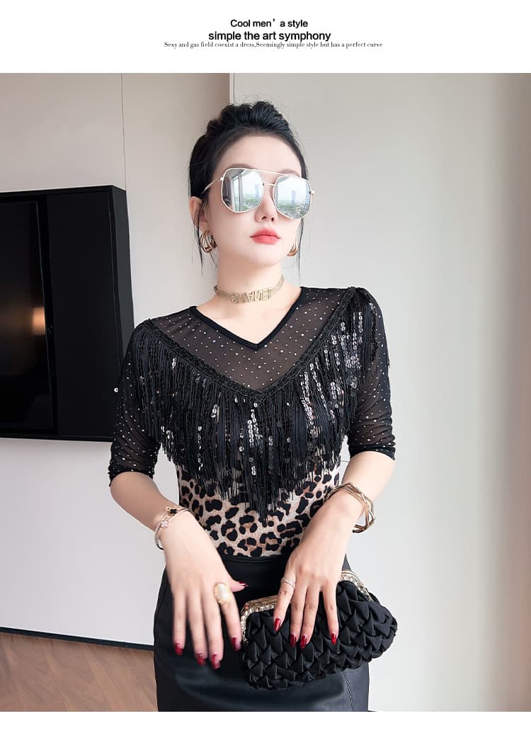 여름 새로운 패션 몸매 가꾸기 술 망사 패치워크 V넥 중간 소매 주름 티셔츠 여성 트렌디 상세 이미지 23
