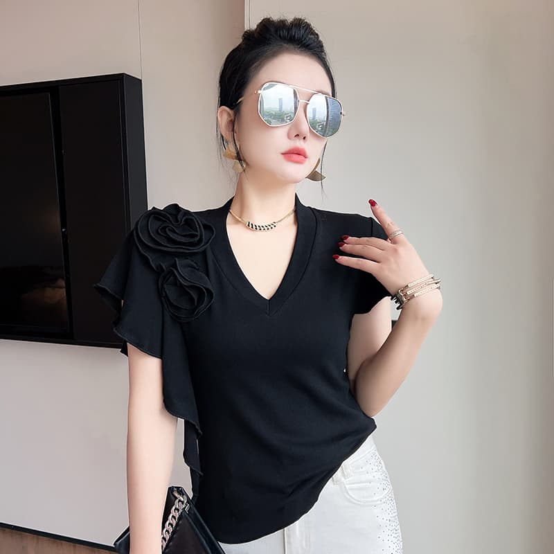 2026 새로운 Feifei 소매 포지셔닝 자수 V넥 면 티셔츠 여성 패션 몸매 가꾸기 슬림해 보이는 기본 셔츠 트렌디 이미지 4
