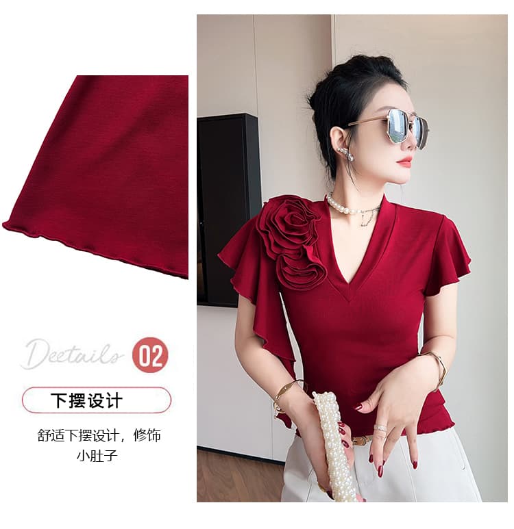 2026 새로운 Feifei 소매 포지셔닝 자수 V넥 면 티셔츠 여성 패션 몸매 가꾸기 슬림해 보이는 기본 셔츠 트렌디 상세 이미지 5