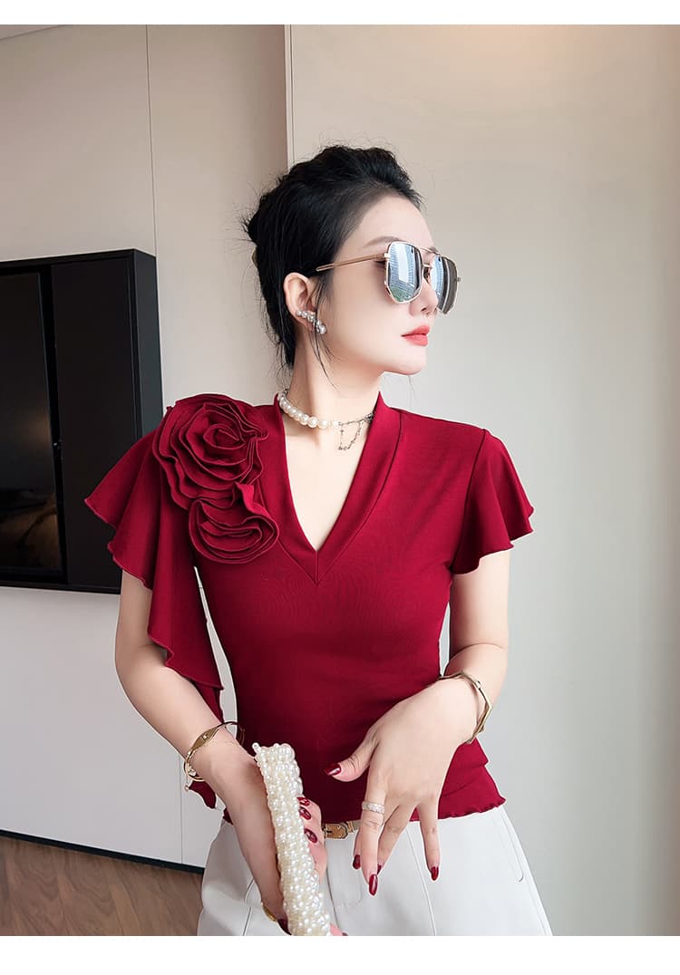 2026 새로운 Feifei 소매 포지셔닝 자수 V넥 면 티셔츠 여성 패션 몸매 가꾸기 슬림해 보이는 기본 셔츠 트렌디 상세 이미지 13