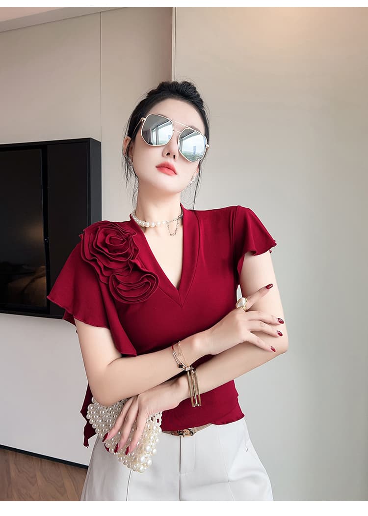 2026 새로운 Feifei 소매 포지셔닝 자수 V넥 면 티셔츠 여성 패션 몸매 가꾸기 슬림해 보이는 기본 셔츠 트렌디 상세 이미지 14