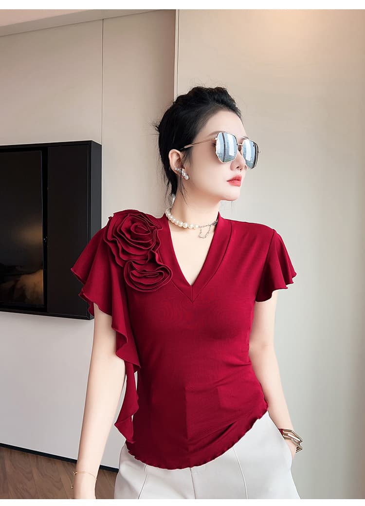 2026 새로운 Feifei 소매 포지셔닝 자수 V넥 면 티셔츠 여성 패션 몸매 가꾸기 슬림해 보이는 기본 셔츠 트렌디 상세 이미지 17
