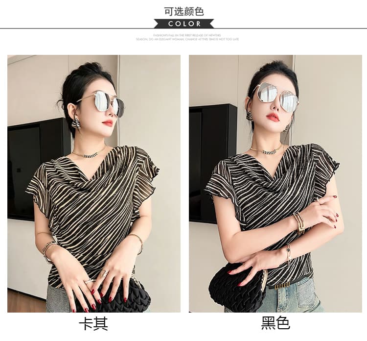 여름 새로운 스트라이프 기본 셔츠 여성 몸매 가꾸기 섹시함 흔들다 칼라 프릴 주름 티셔츠 여성 트렌디 상세 이미지 8