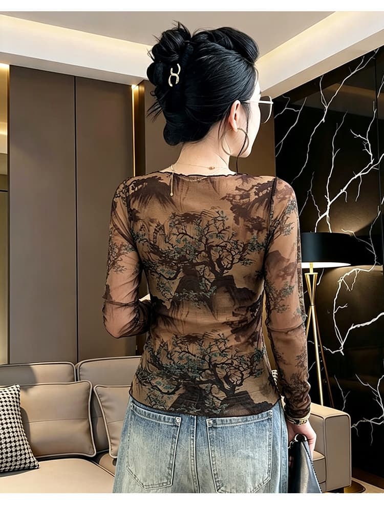 가을 새로운 자외선 차단 의류 패션 몸매 가꾸기 패치워크 망사 프린트 라운드 넥 긴팔 주름 티셔츠 여성 트렌디 상세 이미지 15