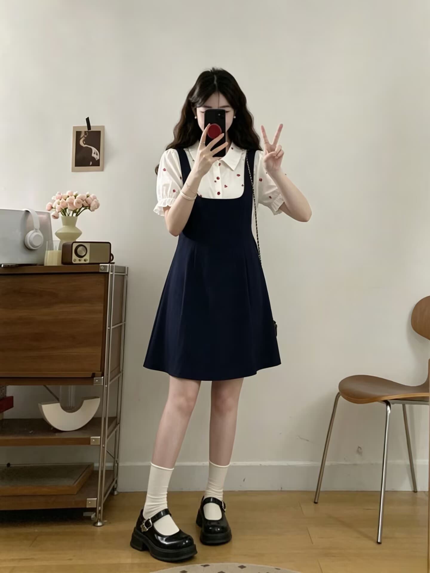 실사 빅 사이즈 2026 여름 새로운 프랑스식 셔츠 칼라 자수 패치워크 연령 감소 한 마디 페이크 레이어드 드레스 상세 이미지 9