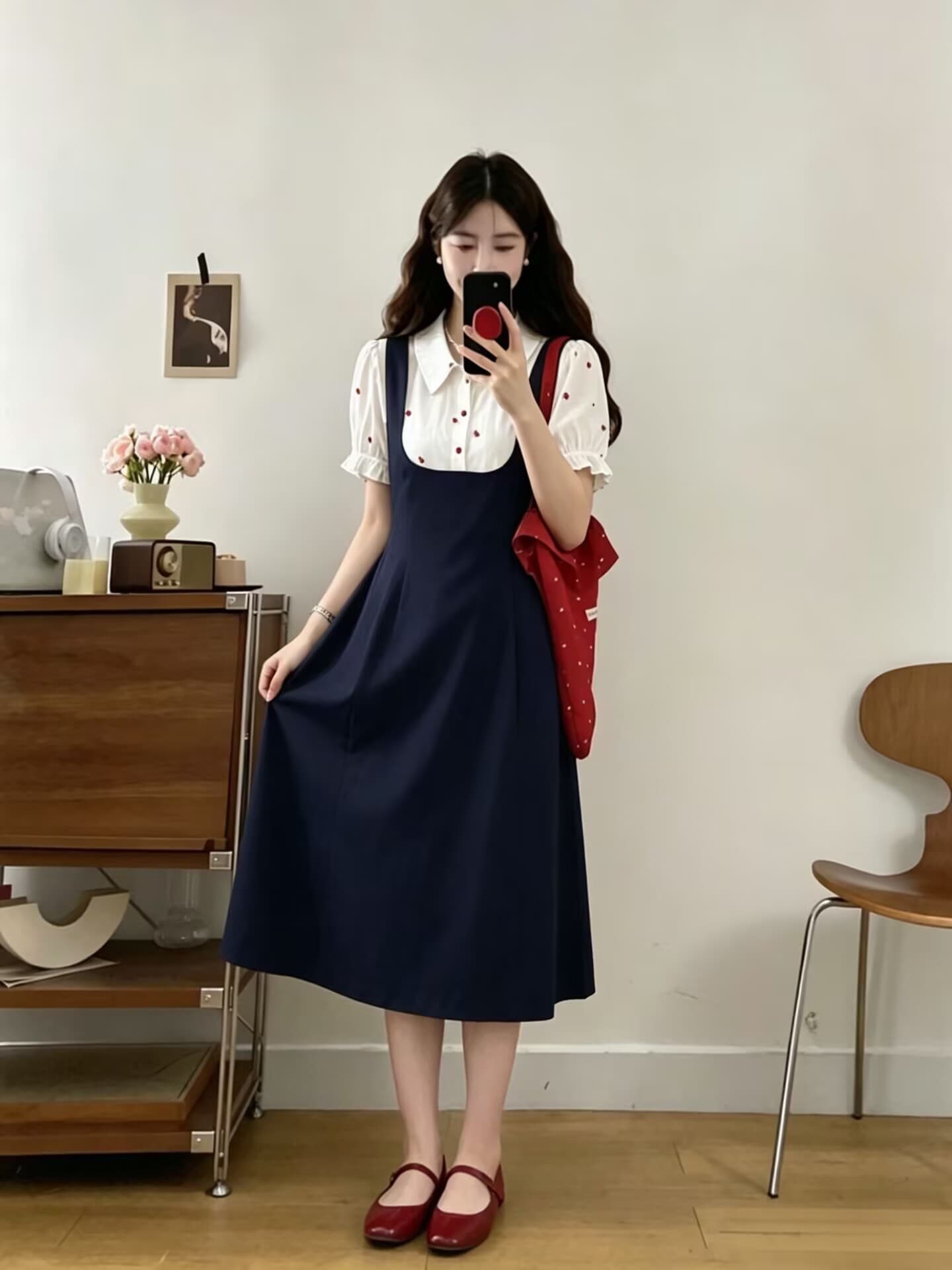 실사 빅 사이즈 2026 여름 새로운 프랑스식 셔츠 칼라 자수 패치워크 연령 감소 한 마디 페이크 레이어드 드레스 상세 이미지 10