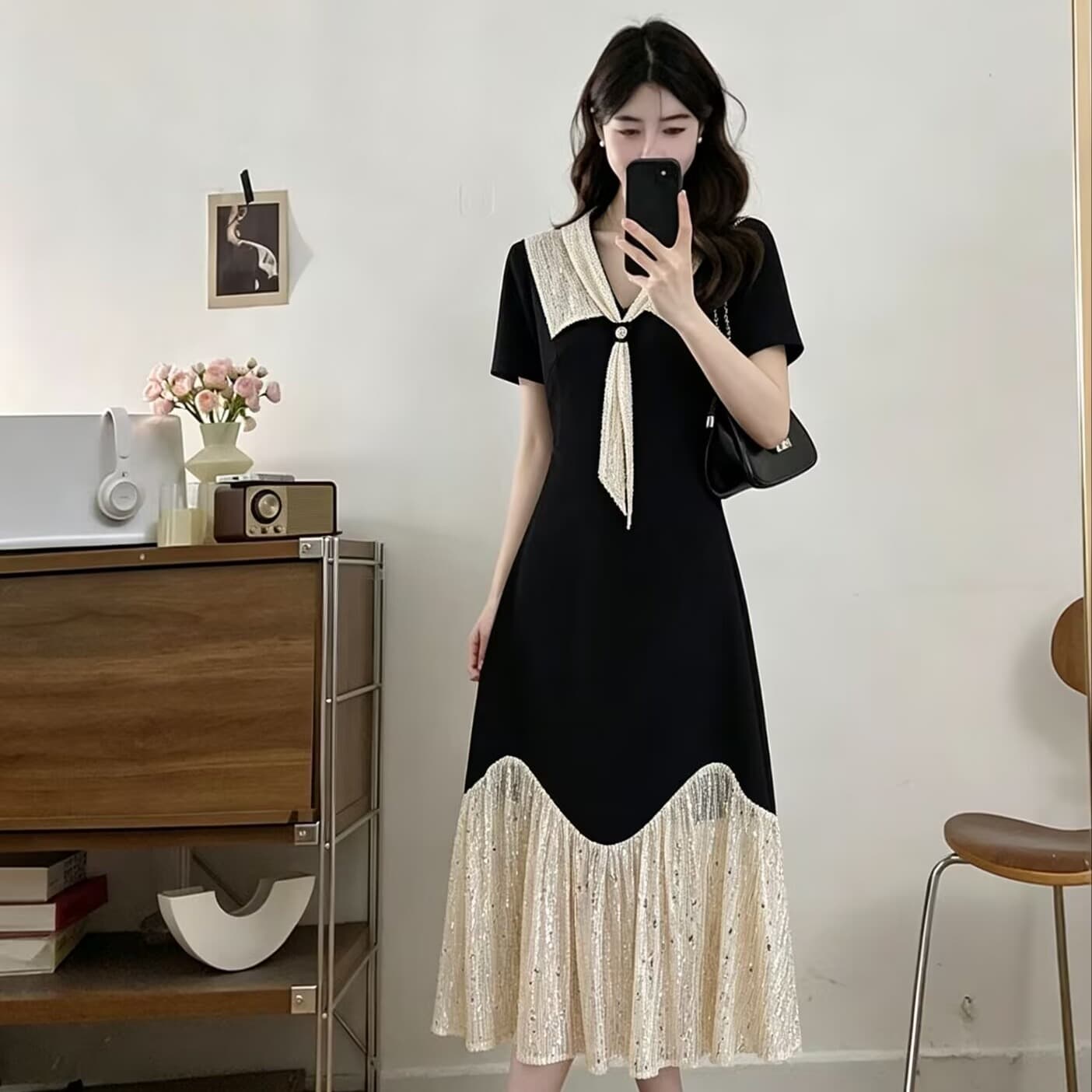 실사 빅 사이즈 여성 의류 2026 새로운 여름 프랑스식 레트로 그는 벤 바람 배색 패치워크 슬림해 보이는 품격 드레스 이미지 5