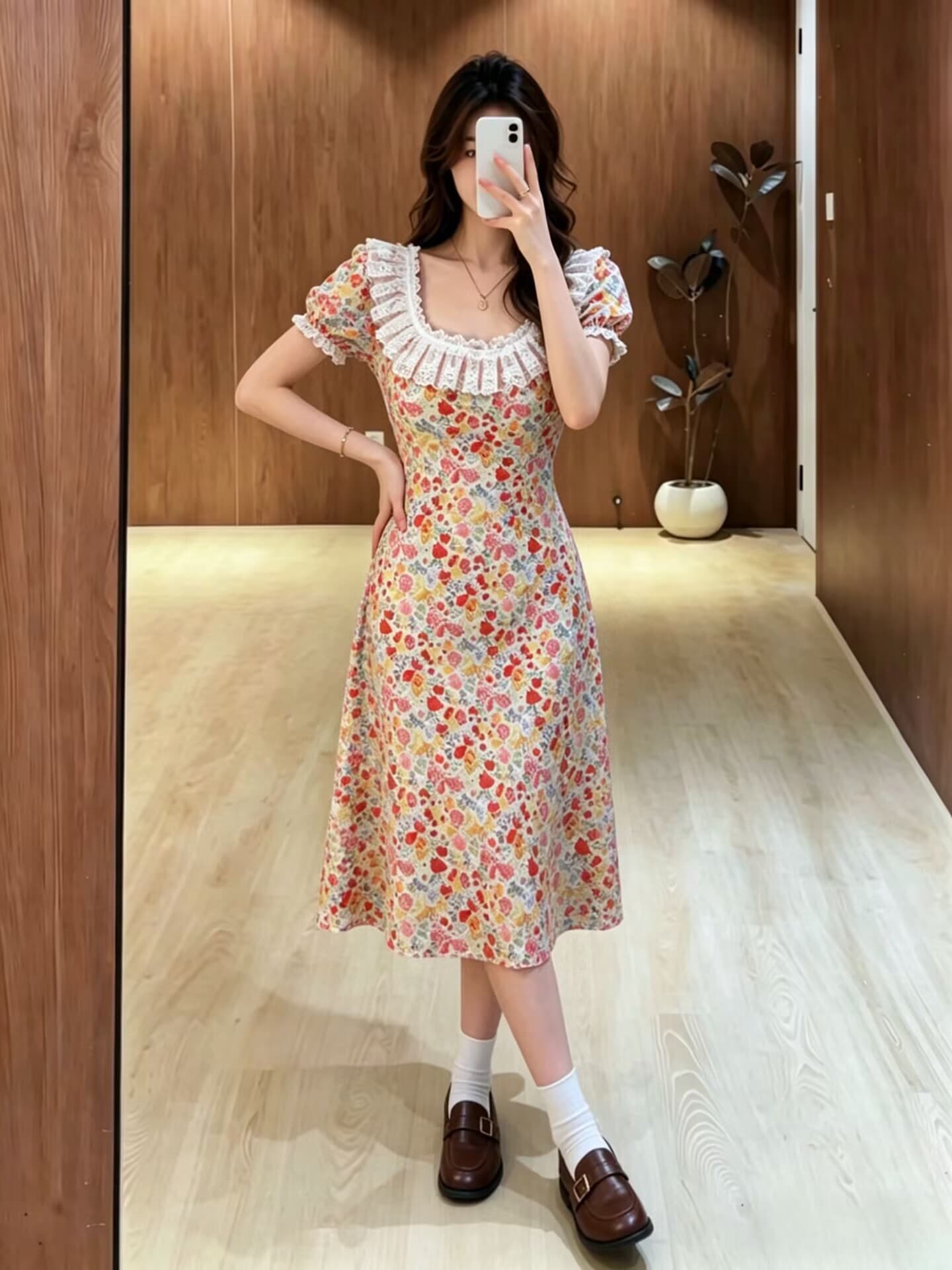 실사 빅 사이즈 여성 의류 2026 여름 프랑스식 광장 칼라 꽃무늬 레이스 레이스 거품 소매 허리 수축 슬림해 보이는 드레스 이미지 4