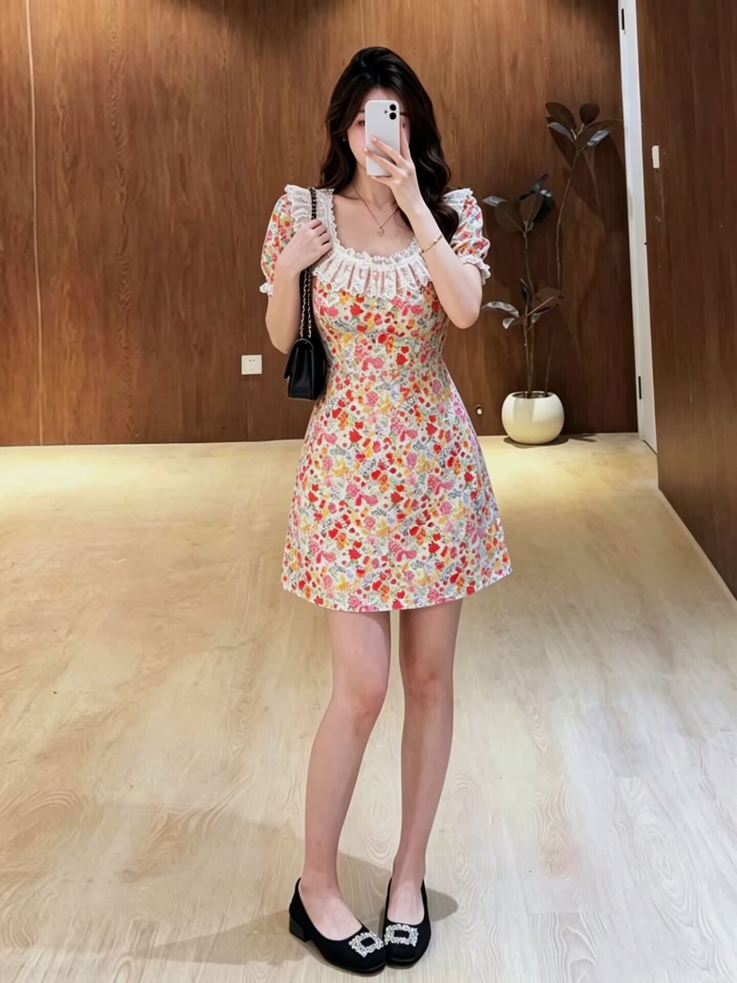 실사 빅 사이즈 여성 의류 2026 여름 프랑스식 광장 칼라 꽃무늬 레이스 레이스 거품 소매 허리 수축 슬림해 보이는 드레스 상세 이미지 3