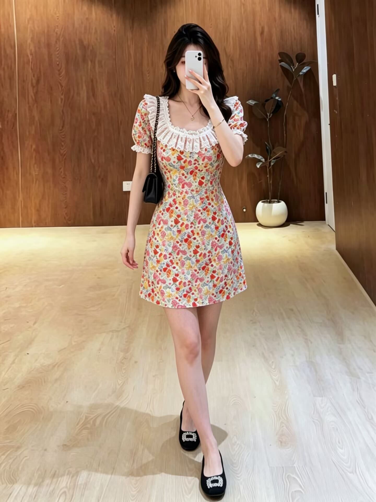 실사 빅 사이즈 여성 의류 2026 여름 프랑스식 광장 칼라 꽃무늬 레이스 레이스 거품 소매 허리 수축 슬림해 보이는 드레스 상세 이미지 5