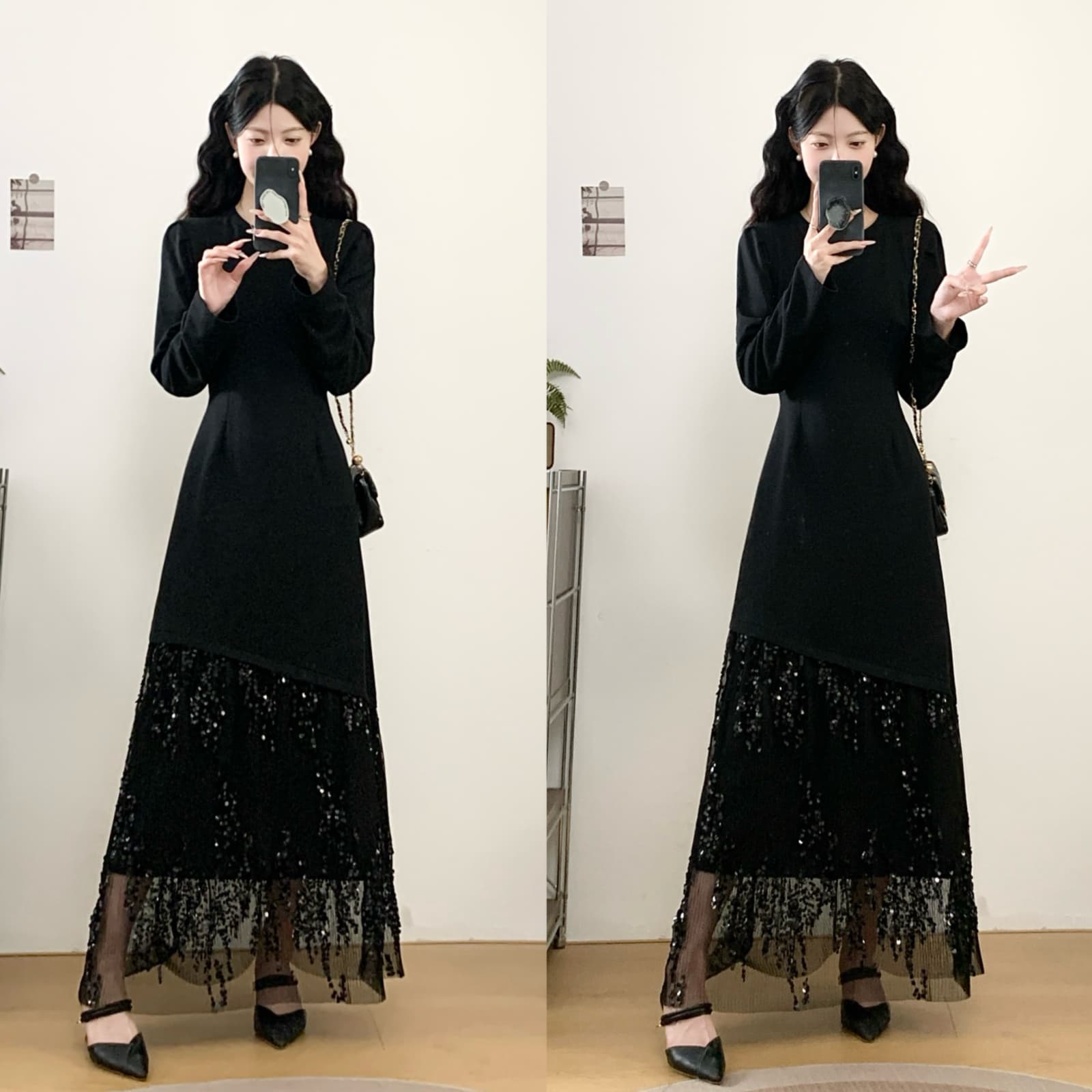빅 사이즈 여성 의류 실사 2026 가을 새로운 품격 허리 수축 슬림해 보이는 불규칙 패치워크 스팽글 망사 드레스 이미지 2