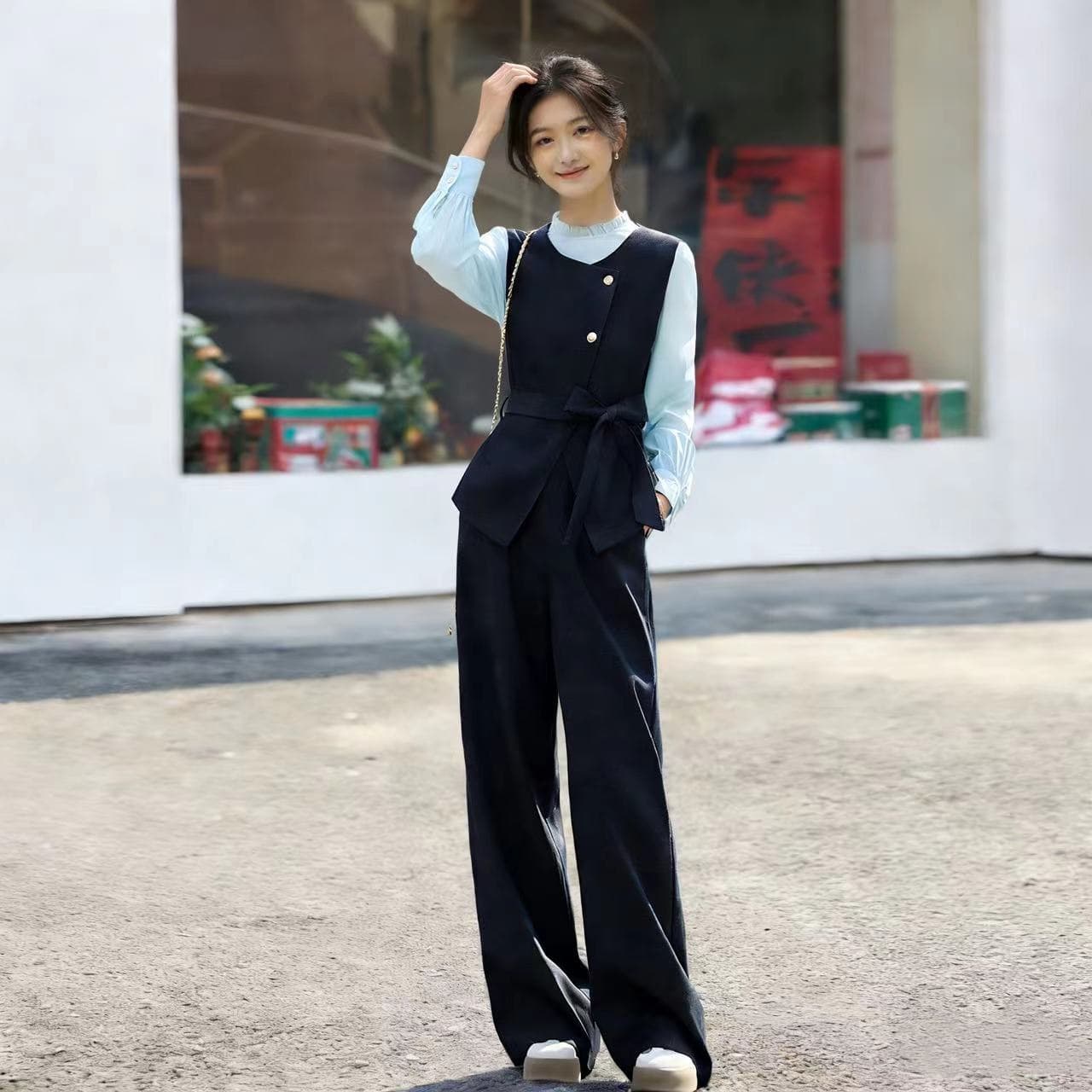패션 캐주얼 세트 여성 2026 가을 새로운 품격 슬림해 보이는 긴팔 셔츠 베스트 하이웨이스트 넓은 다리 3종 세트