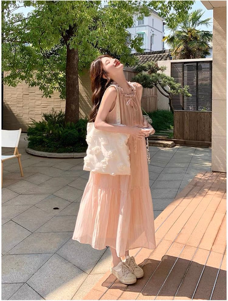 작은 요정 달콤함 핑크색 프릴 레이스업 칼라 민소매 드레스 2026 여름 청 순수한 시스템 첫사랑 조끼 롱 스커트 상세 이미지 16