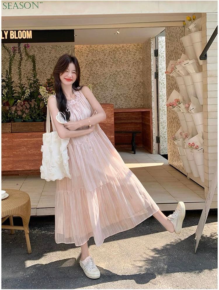 작은 요정 달콤함 핑크색 프릴 레이스업 칼라 민소매 드레스 2026 여름 청 순수한 시스템 첫사랑 조끼 롱 스커트 상세 이미지 23