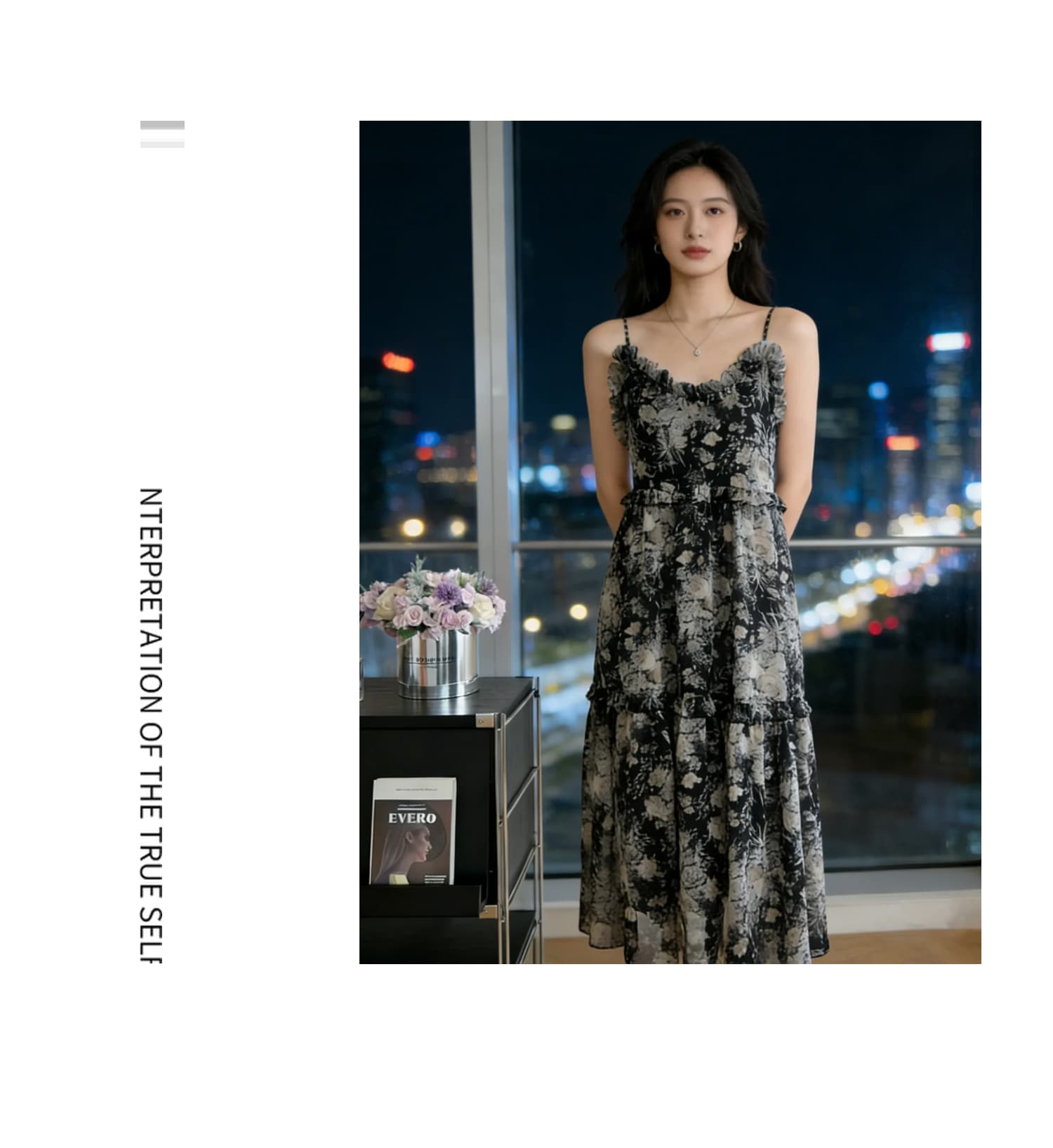 2026 새로운 검정색 꽃무늬 슬립 드레스 여름 루즈핏 다중 레이어 프릴 민소매 레트로 한 마디 롱 스커트 상세 이미지 6