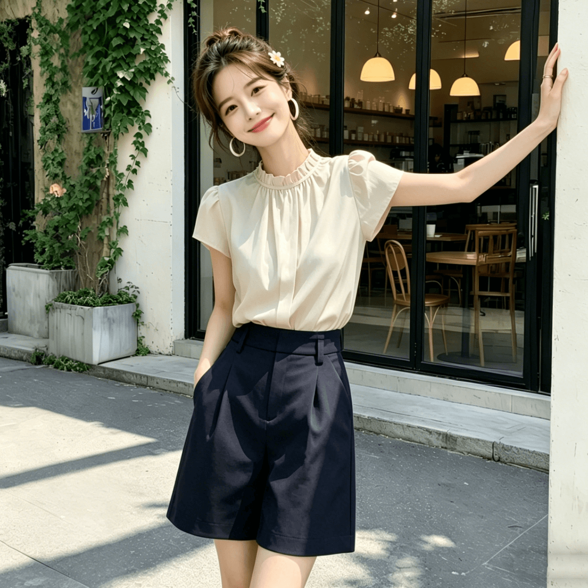 프랑스식 숙녀 바람 곰팡이 고리 반팔 여성 셔츠 2026 여름 새로운 세트 품격 슬림해 보이는 출퇴근 착용 가져 가라. 여성 이미지 2
