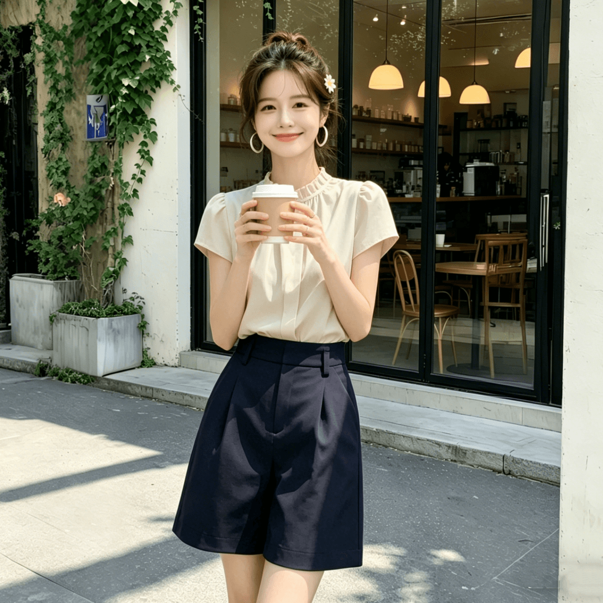 프랑스식 숙녀 바람 곰팡이 고리 반팔 여성 셔츠 2026 여름 새로운 세트 품격 슬림해 보이는 출퇴근 착용 가져 가라. 여성 이미지 6