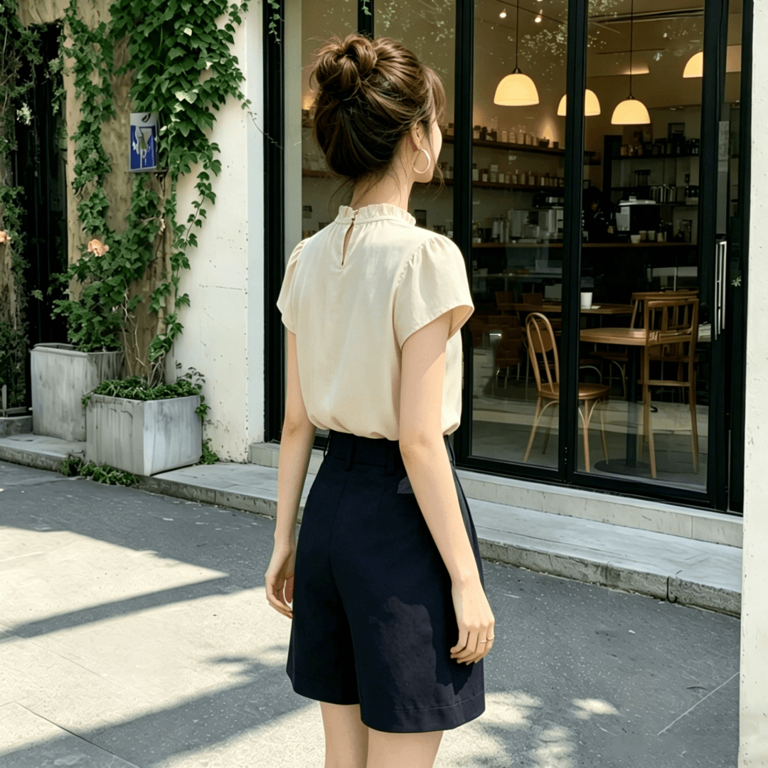 프랑스식 숙녀 바람 곰팡이 고리 반팔 여성 셔츠 2026 여름 새로운 세트 품격 슬림해 보이는 출퇴근 착용 가져 가라. 여성 이미지 3