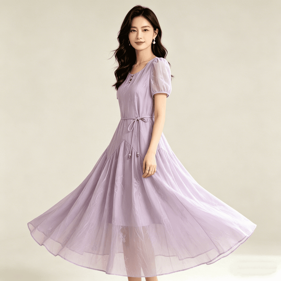 연한 자주색 여성 드레스 여름 2026 새로운 거품 소매 레이스업 허리 수축 부드러운 바람 자카드 중간 길이 치마 아이들 이미지 5