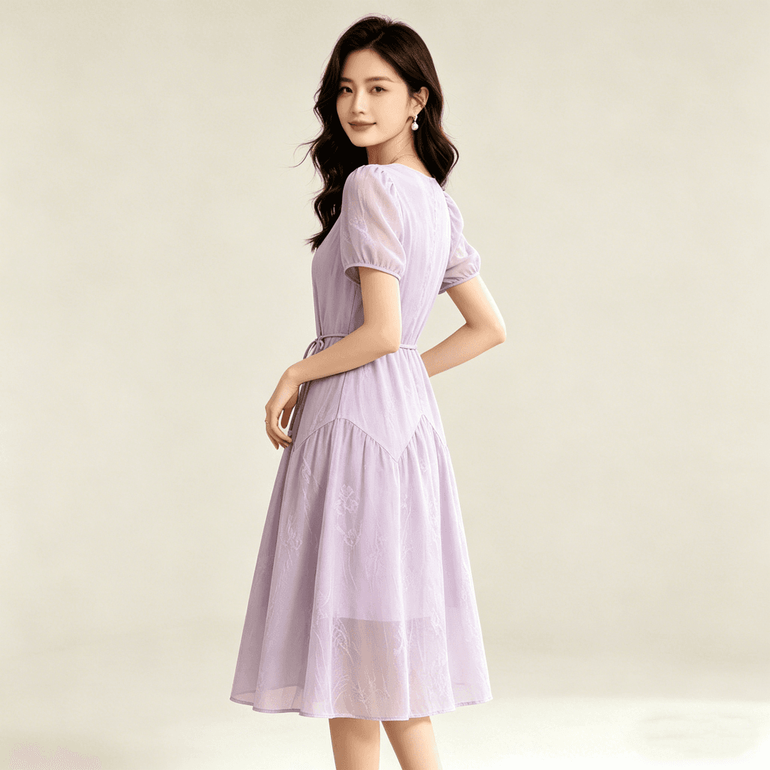 연한 자주색 여성 드레스 여름 2026 새로운 거품 소매 레이스업 허리 수축 부드러운 바람 자카드 중간 길이 치마 아이들 이미지 3