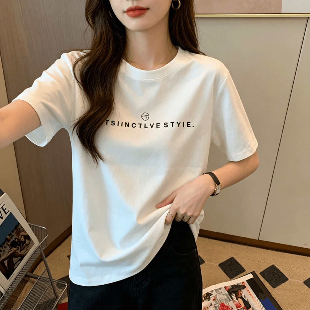 2026 새로운 긍정적 인 어깨 순면 연삭 털 반팔 티셔츠 여성 패션 다용도 연령 감소 슬림해 보이는 화이트 맨위 봄 여름