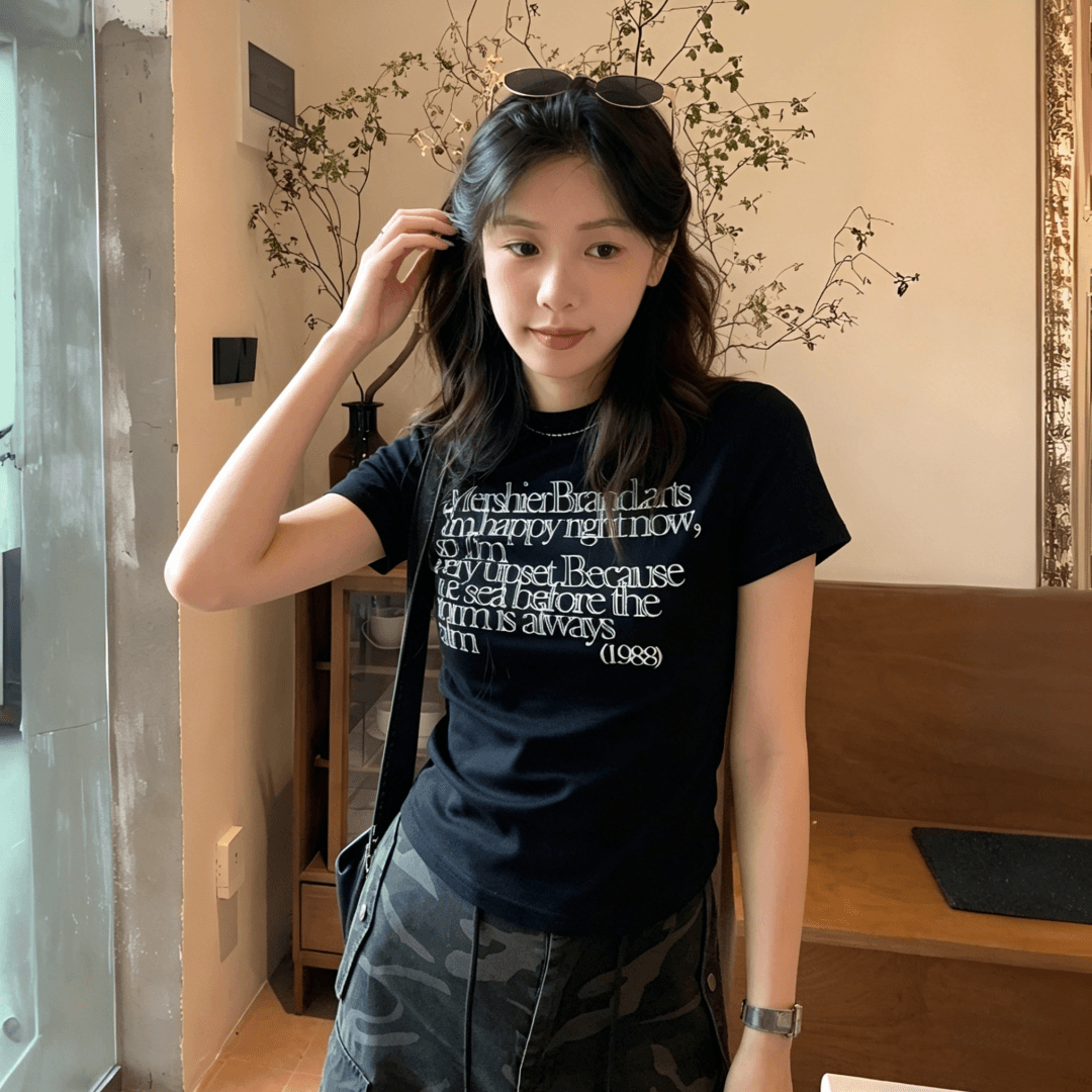 2026 여름 새로운 40 순면 220 그램 92 면 8 암모니아 Lun 긍정적 인 어깨 반팔 티셔츠 여성 프린트