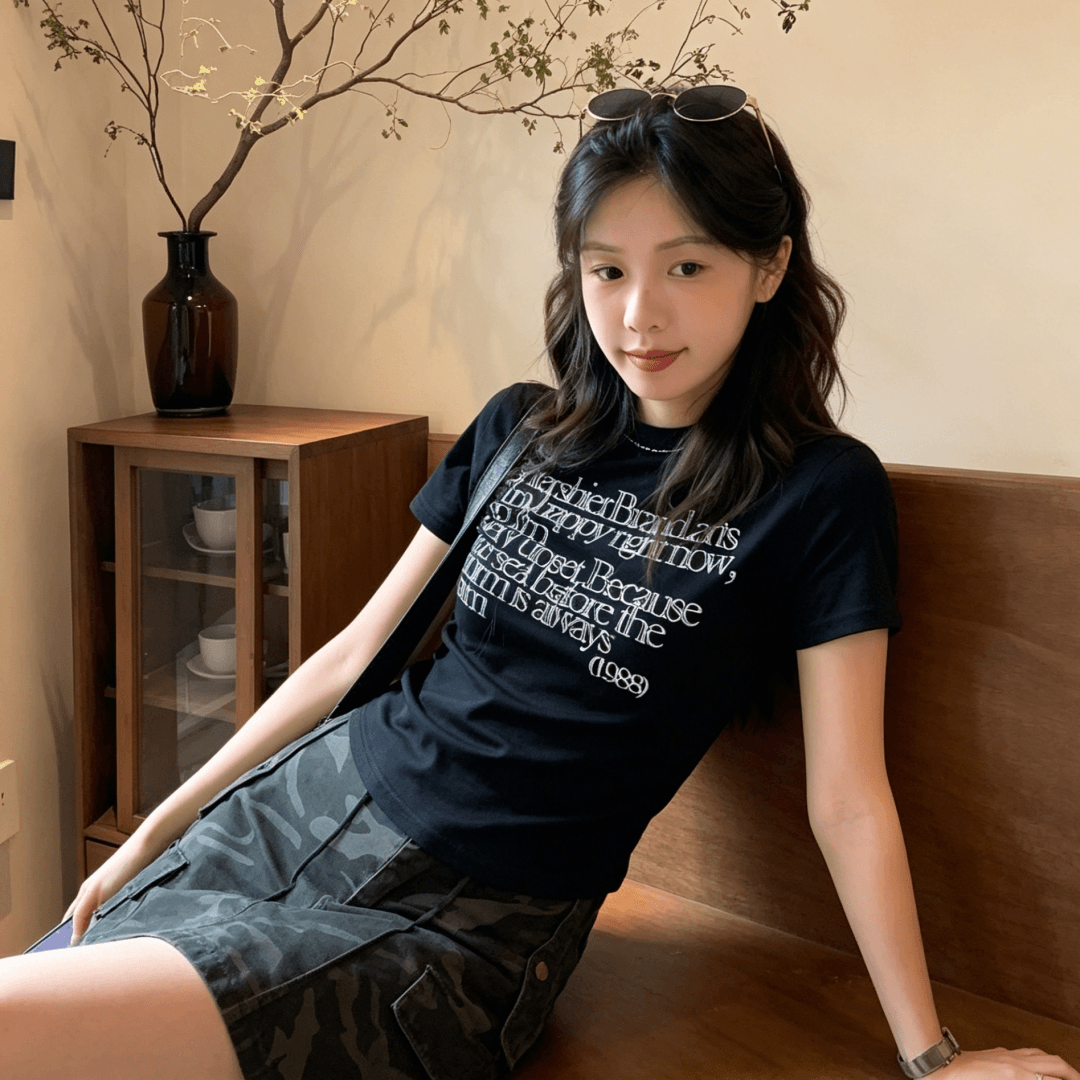 2026 여름 새로운 40 순면 220 그램 92 면 8 암모니아 Lun 긍정적 인 어깨 반팔 티셔츠 여성 프린트 상세 이미지 3