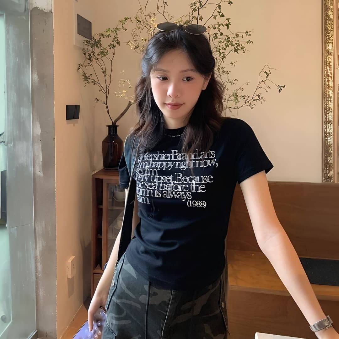 2026 여름 새로운 40 순면 220 그램 92 면 8 암모니아 Lun 긍정적 인 어깨 반팔 티셔츠 여성 프린트 상세 이미지 11