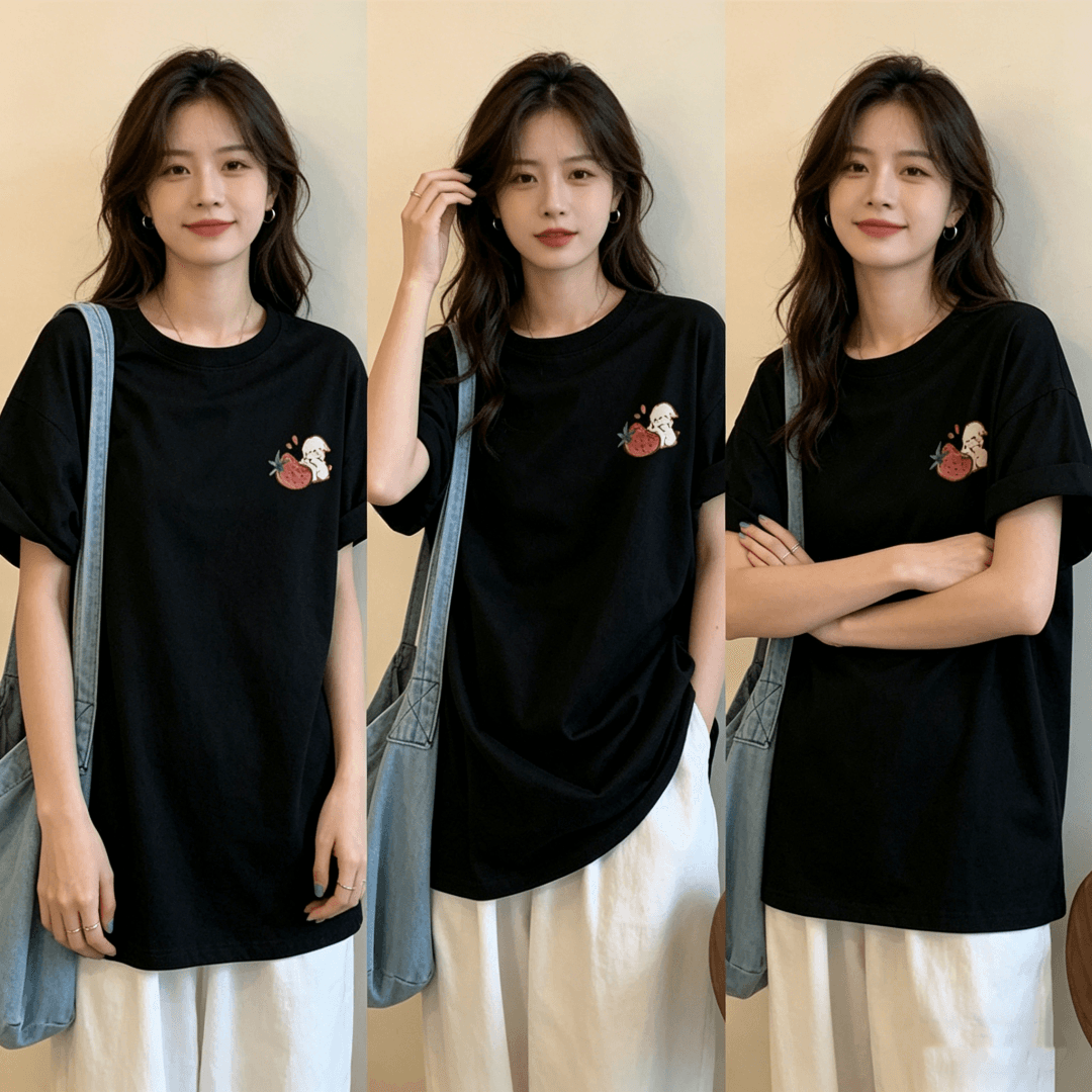순면 반팔 티셔츠 여성 여름 2026 한국 스타일 새로운 디자인 센스 만화 루즈핏 빅 사이즈 oversize 맨위 여성 상세 이미지 6