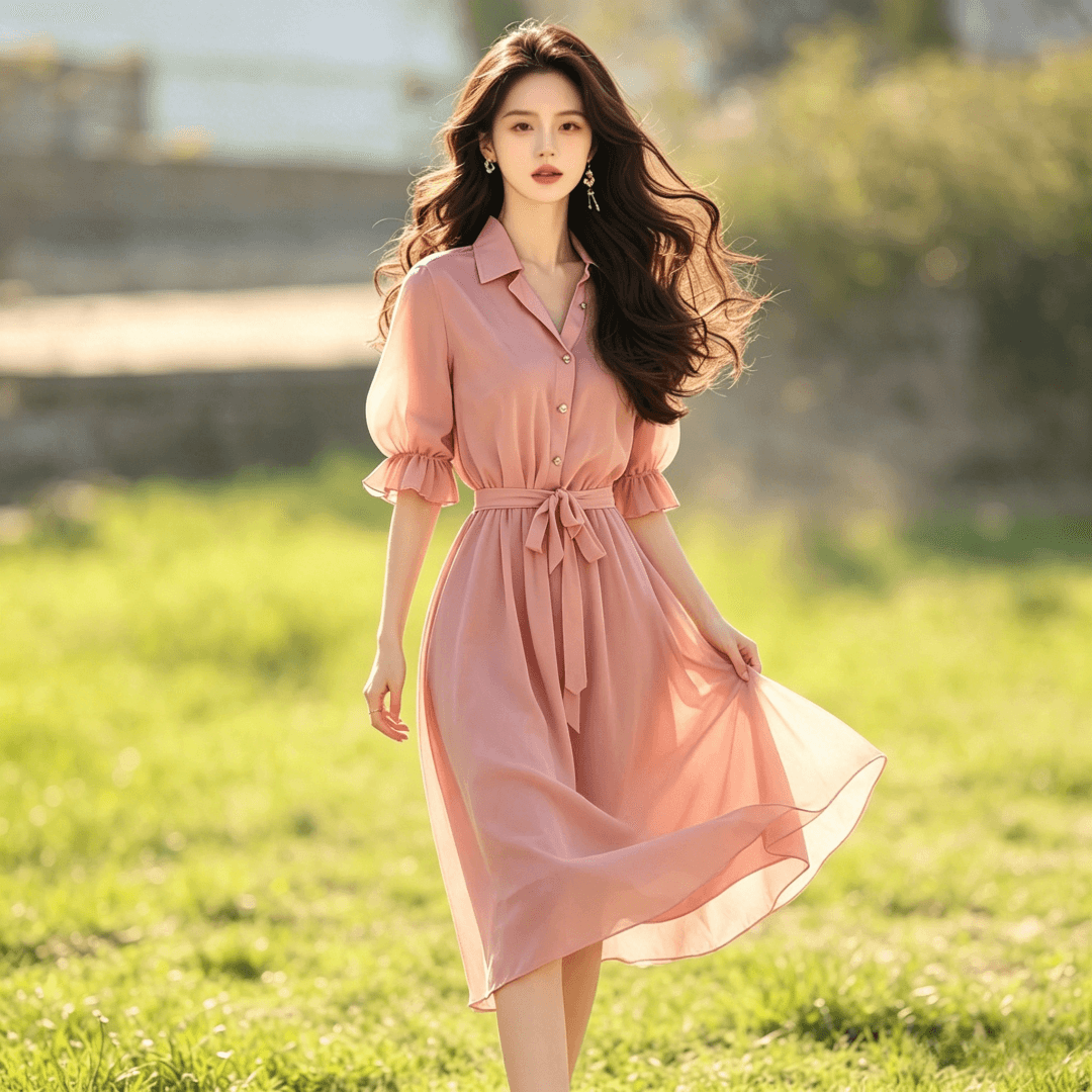 2026 여름 새로운 차 휴식 프랑스식 나폴리 센 부서 문예 슈퍼 요정 가스 핑크색 쉬폰 셔츠 드레스
