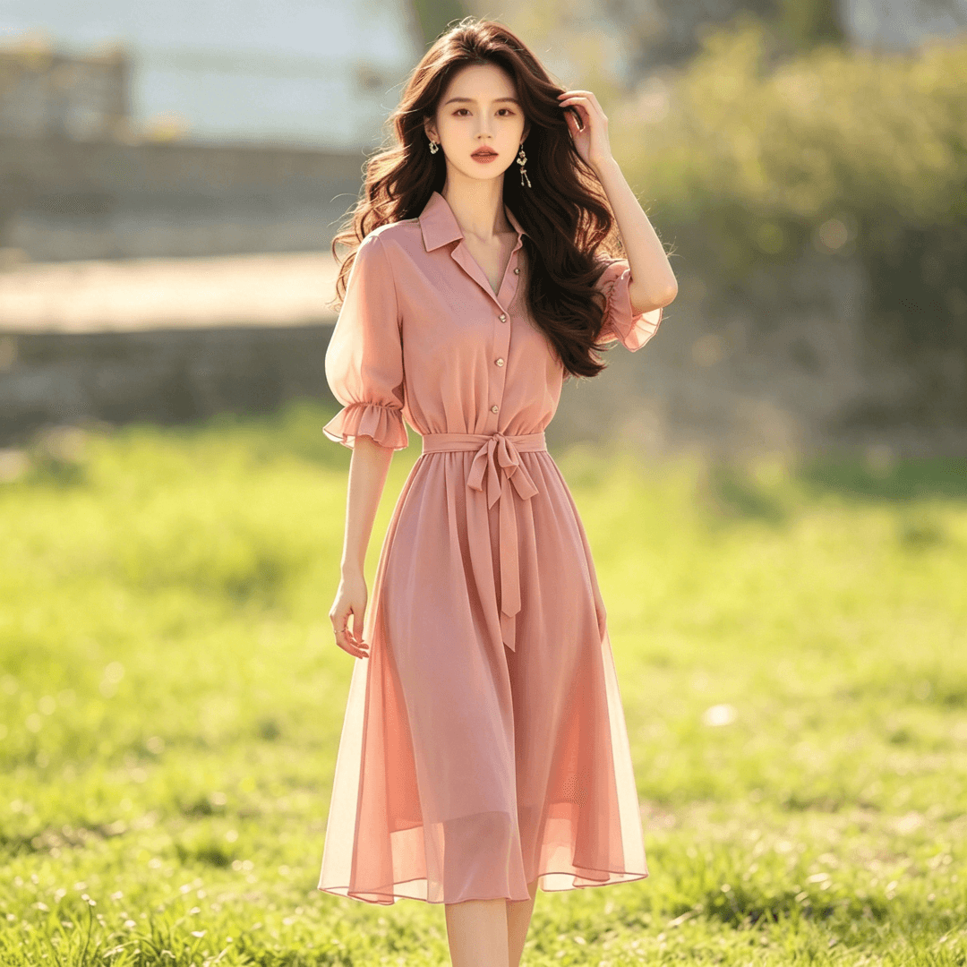2026 여름 새로운 차 휴식 프랑스식 나폴리 센 부서 문예 슈퍼 요정 가스 핑크색 쉬폰 셔츠 드레스 이미지 3