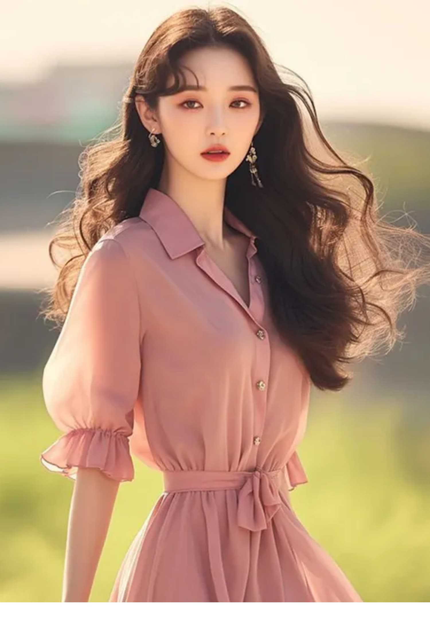 2026 여름 새로운 차 휴식 프랑스식 나폴리 센 부서 문예 슈퍼 요정 가스 핑크색 쉬폰 셔츠 드레스 상세 이미지 12