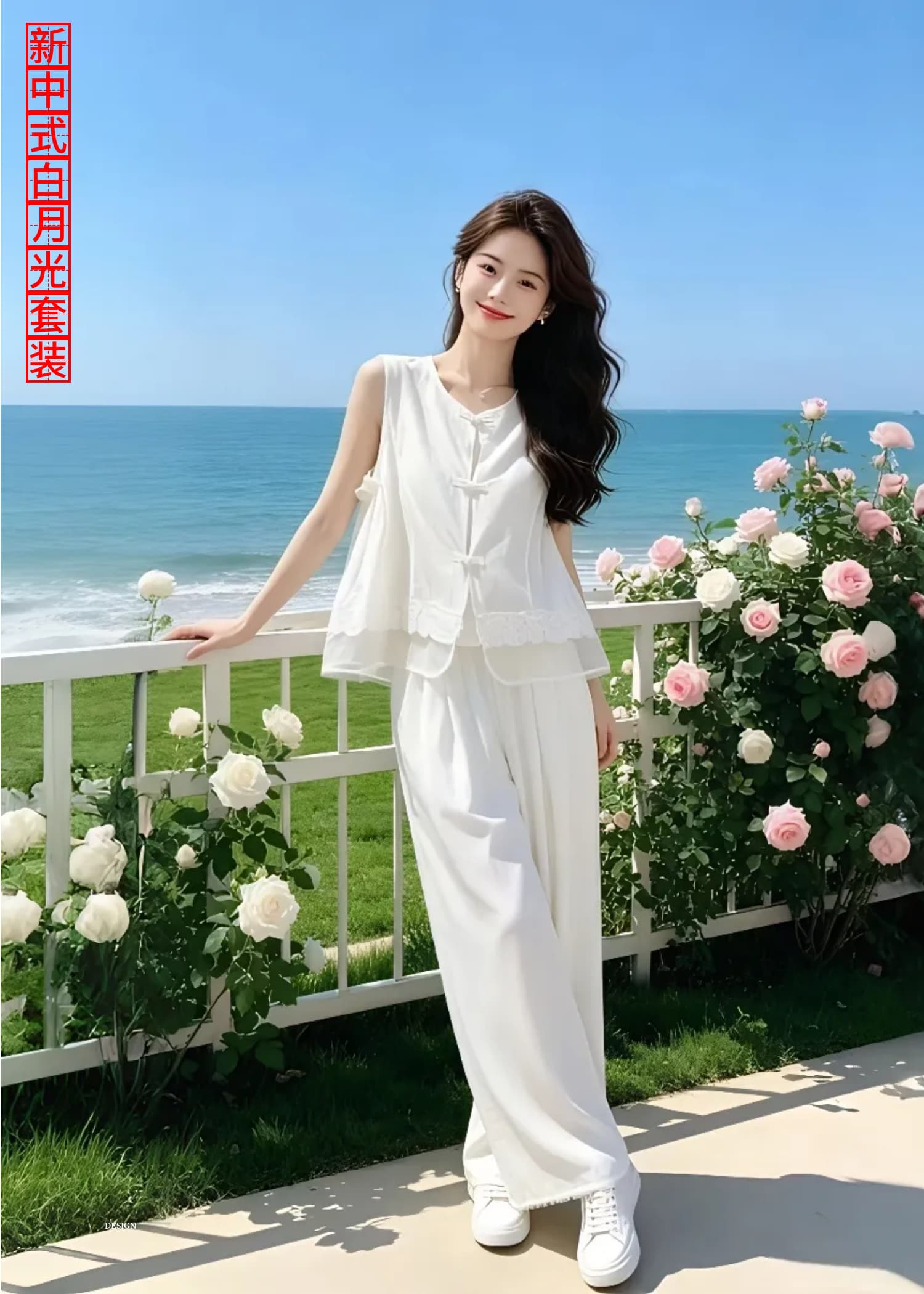2026 새로운 세트 여성 여름 고급 센스 레이스 조각 민소매 베스트 맨위 하이웨이스트 와이드 레그 팬츠 투피스 세트 상세 이미지 1