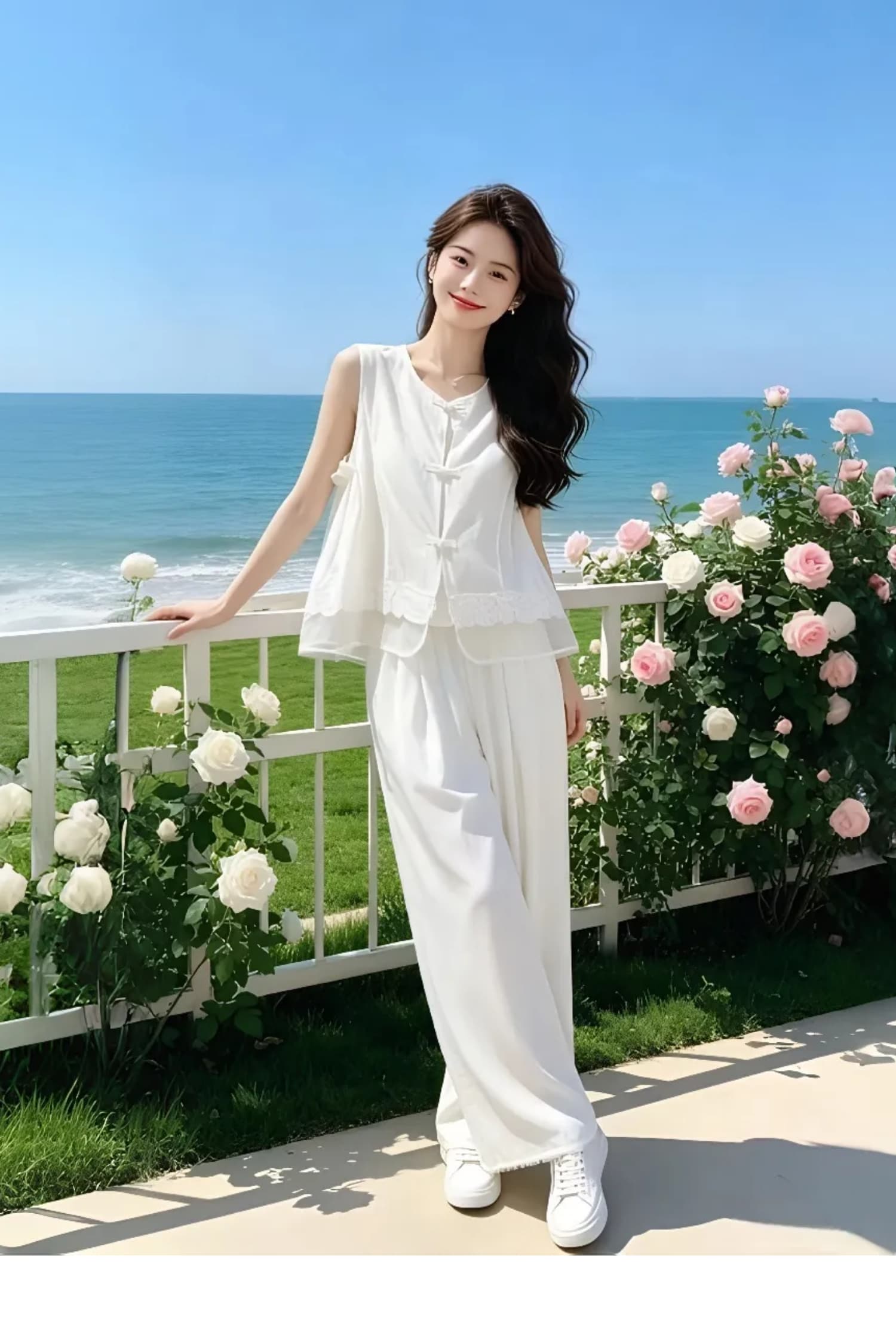 2026 새로운 세트 여성 여름 고급 센스 레이스 조각 민소매 베스트 맨위 하이웨이스트 와이드 레그 팬츠 투피스 세트 상세 이미지 13