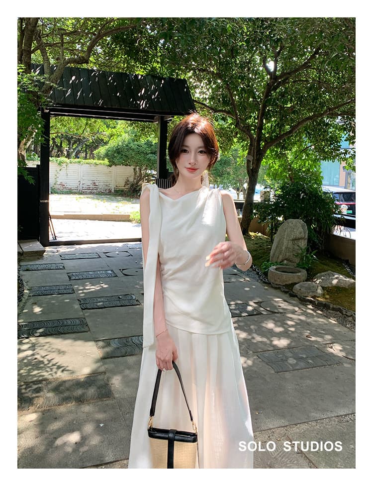 2026 새로운 여름 전체 집합 ootd 느슨함 센스 여신 팬 화이트 민소매 맨위 바지 투피스 슈트 여성 상세 이미지 9