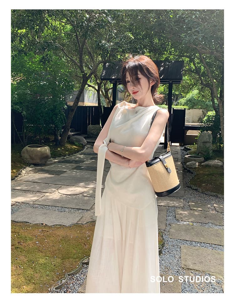 2026 새로운 여름 전체 집합 ootd 느슨함 센스 여신 팬 화이트 민소매 맨위 바지 투피스 슈트 여성 상세 이미지 21