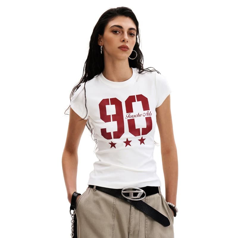 95 면 5 암모니아 Lun 레트로 운동 바람 티셔츠 여성 몸매 가꾸기 jerseyfit 아메리칸 핫걸 긍정적 인 어깨 반팔 맨위