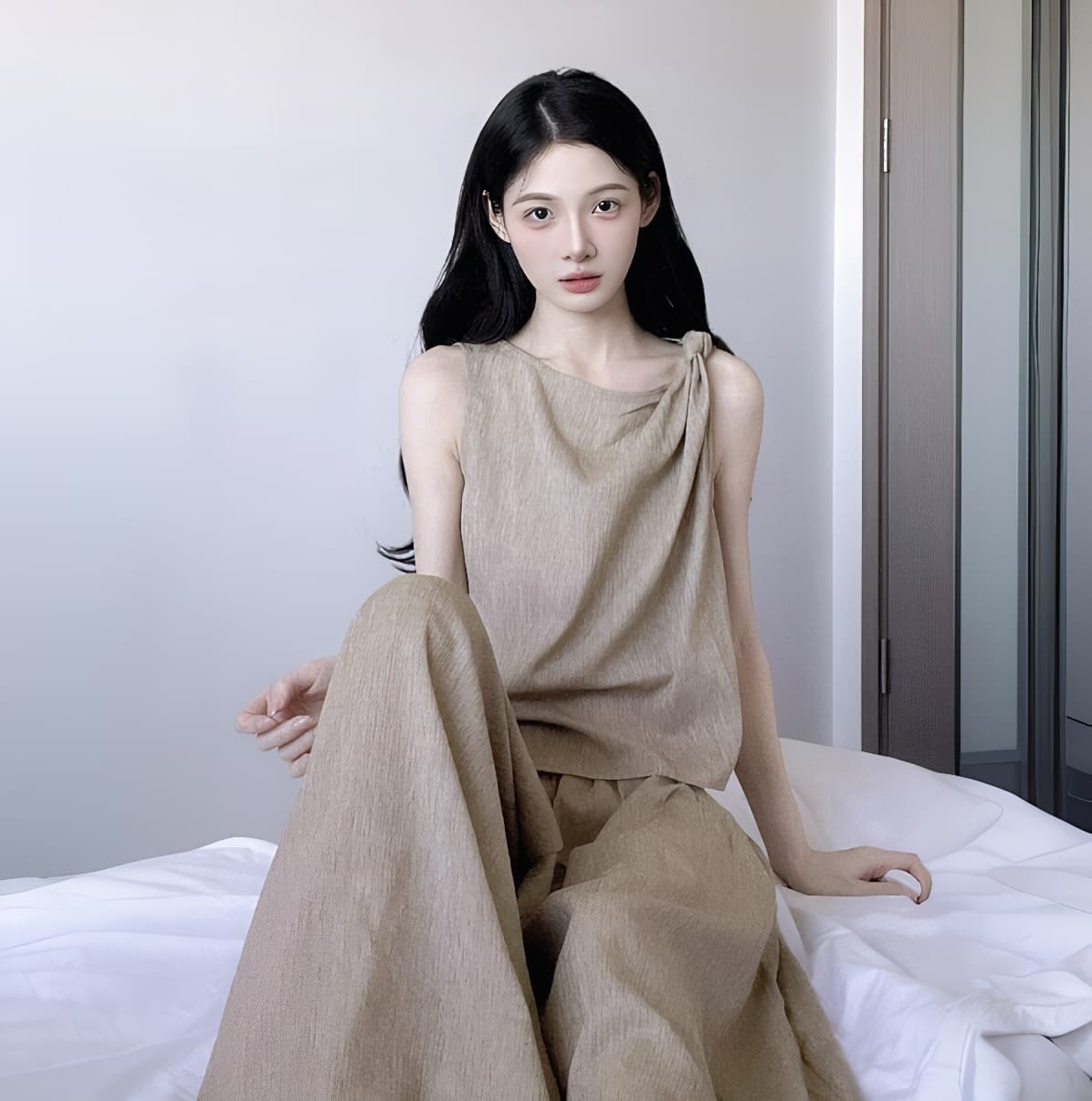 자이언트 잘 생긴 여름 전체 집합 빛 럭셔리 고급 센스 빛 요리 한 작은 대중 아니요 명중 섹션 오래된 돈 바람 아마 와이드 레그 팬츠 세트 이미지 4