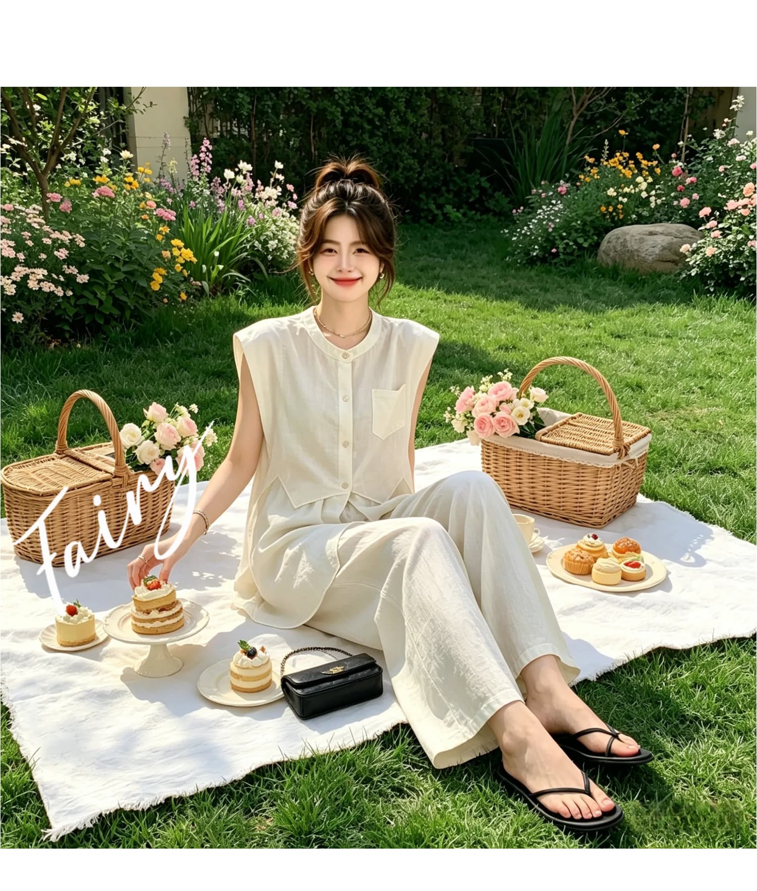 느긋한 느슨함 센스 캐주얼 세트 여성 2026 여름 새로운 망사 패치워크 민소매 맨위 와이드 레그 팬츠 투피스 세트 상세 이미지 6