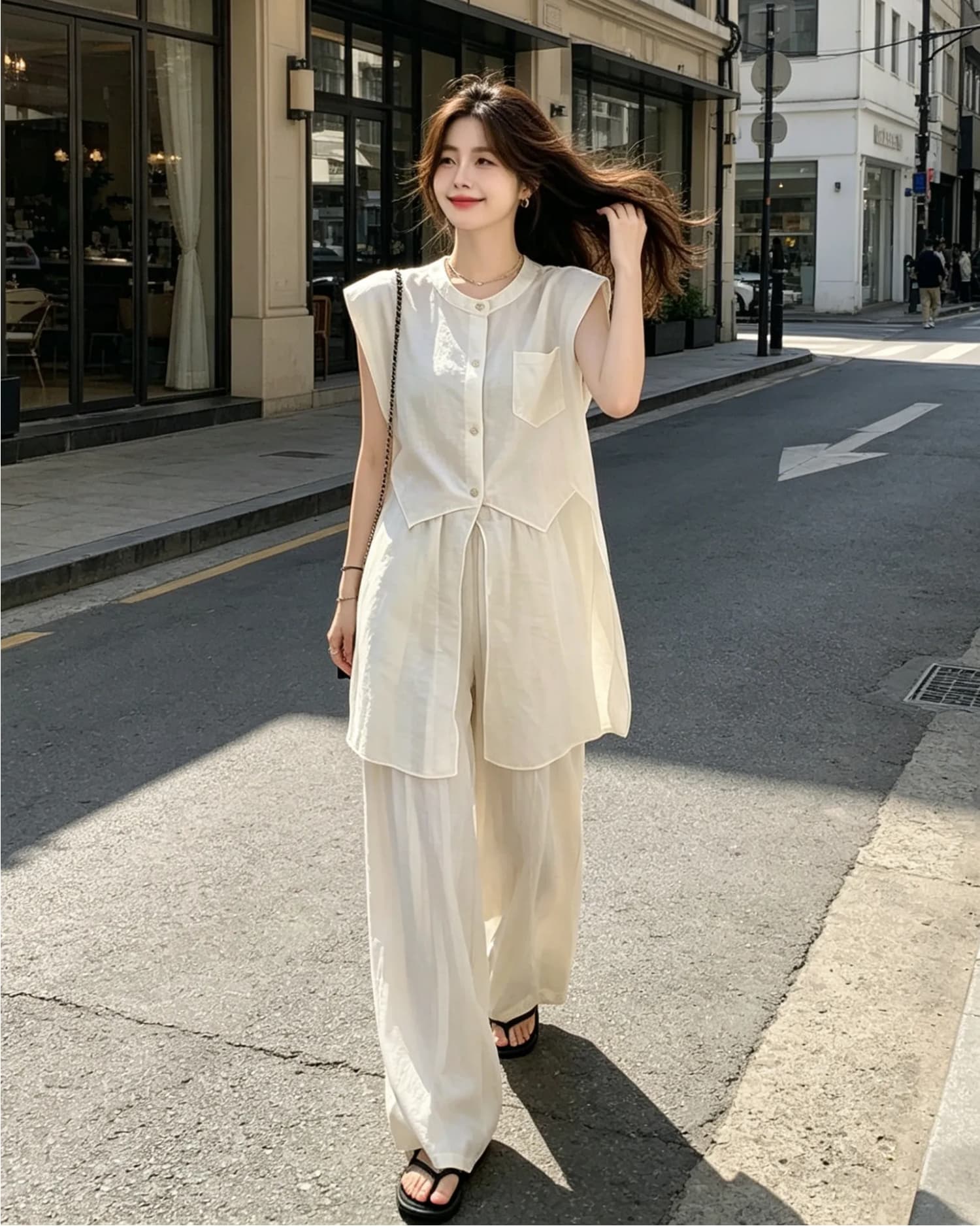 느긋한 느슨함 센스 캐주얼 세트 여성 2026 여름 새로운 망사 패치워크 민소매 맨위 와이드 레그 팬츠 투피스 세트 상세 이미지 7