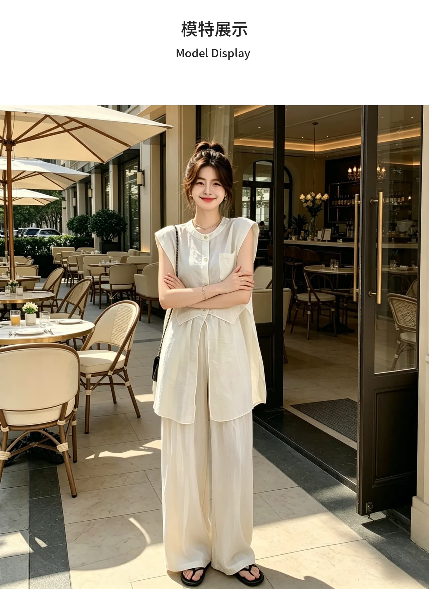 느긋한 느슨함 센스 캐주얼 세트 여성 2026 여름 새로운 망사 패치워크 민소매 맨위 와이드 레그 팬츠 투피스 세트 상세 이미지 8