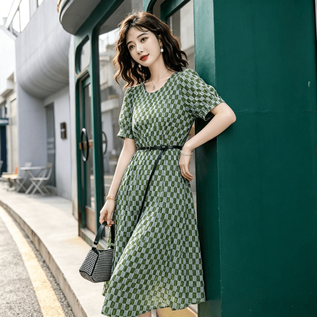 체크무늬 그는 벤 바람 홍콩 느낌 레트로 chic 치마 질감 고급 센스 품격 프랑스식 전원 바람 드레스 여름 이미지 5