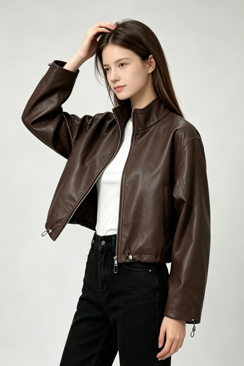 2026 가을 겨울 새로운 스탠드 칼라 펌프 로프 쇼트 스타일 가죽 재킷 여성 루즈핏 느긋한 작은 키 오토바이 pu 가죽 자켓 여성 트렌디 이미지 6