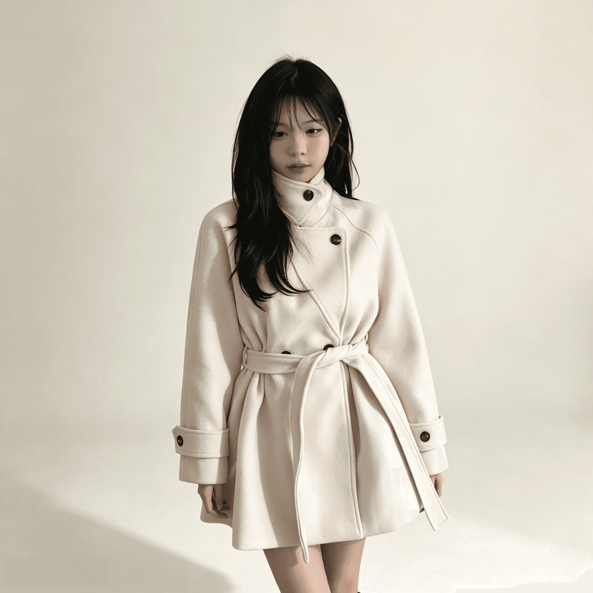 2026 레트로 스타일 싱글 줄 버튼 단색 모직 외투 여성 겨울 새로운 스트랩 중간 길이 모직 맨위 이미지 3