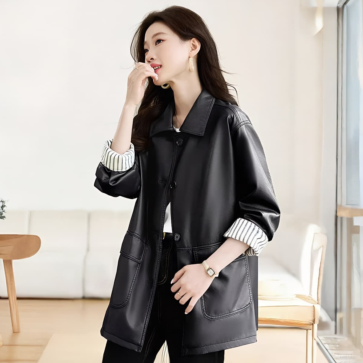가을 겨울철 새로운 디자인 센스 패치워크 검정색 PU 가죽 여성 코트 바 En 바람 아메리칸 루즈핏 캐주얼 재킷 맨위