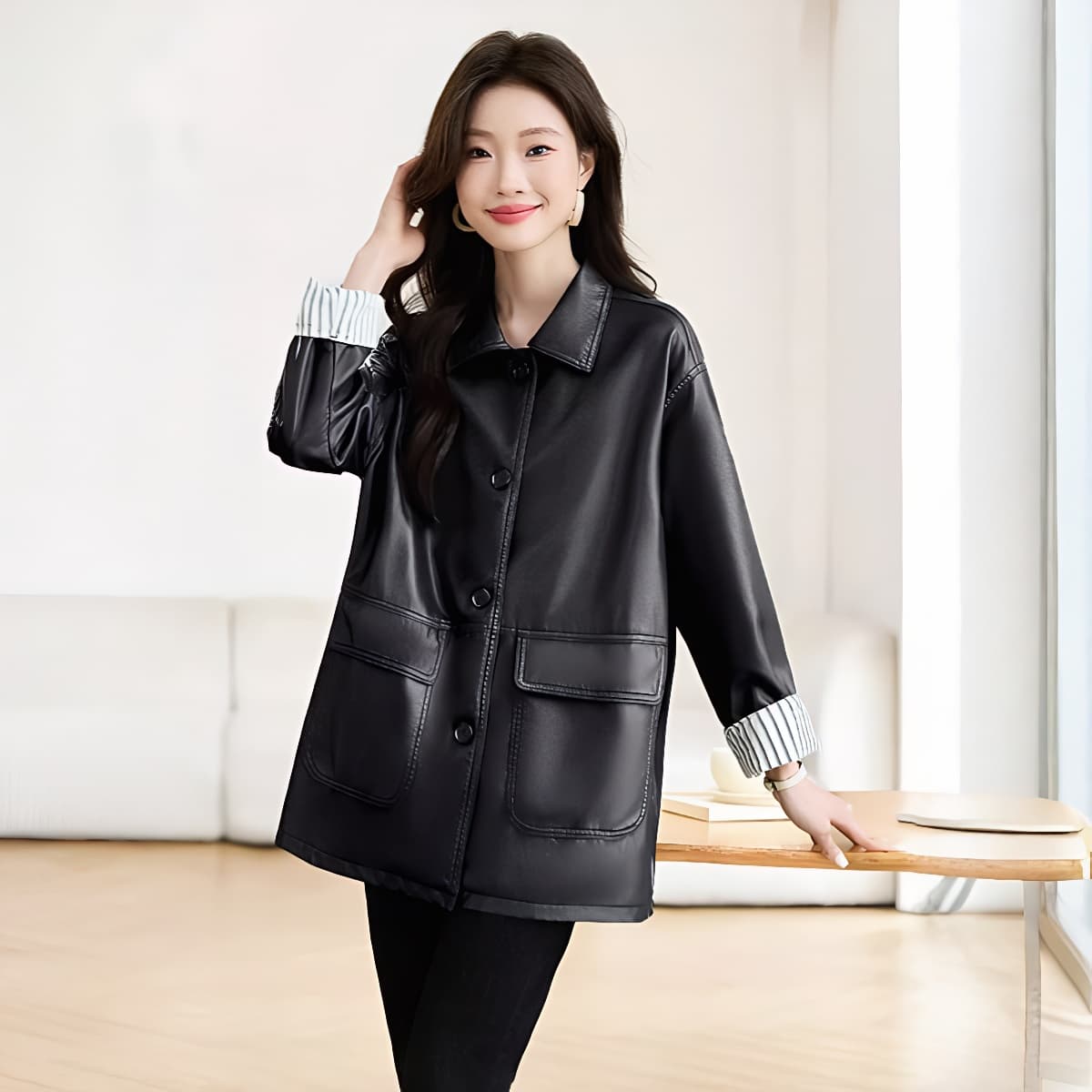 가을 겨울철 새로운 디자인 센스 패치워크 검정색 PU 가죽 여성 코트 바 En 바람 아메리칸 루즈핏 캐주얼 재킷 맨위 이미지 3