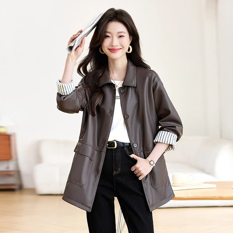 가을 겨울철 새로운 디자인 센스 패치워크 검정색 PU 가죽 여성 코트 바 En 바람 아메리칸 루즈핏 캐주얼 재킷 맨위 이미지 4