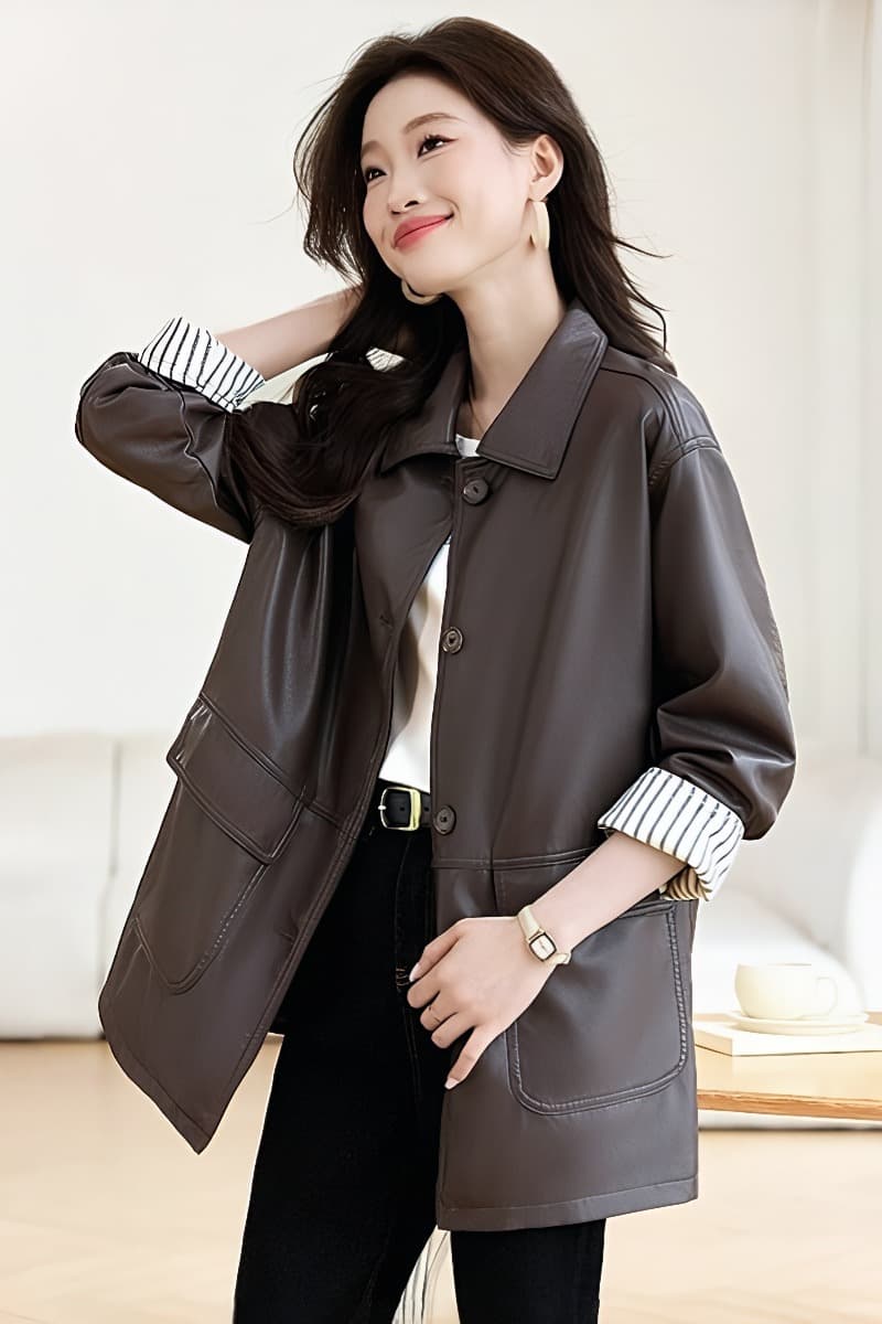 가을 겨울철 새로운 디자인 센스 패치워크 검정색 PU 가죽 여성 코트 바 En 바람 아메리칸 루즈핏 캐주얼 재킷 맨위 이미지 6