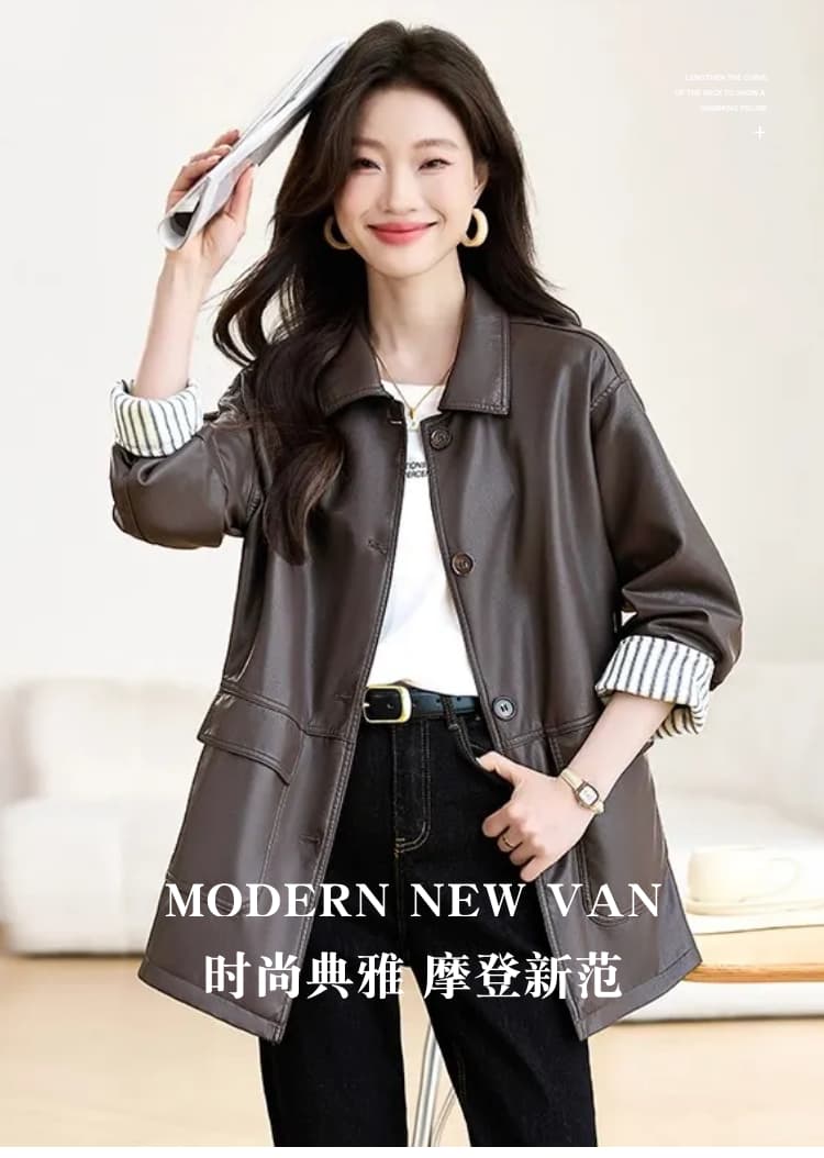 가을 겨울철 새로운 디자인 센스 패치워크 검정색 PU 가죽 여성 코트 바 En 바람 아메리칸 루즈핏 캐주얼 재킷 맨위 상세 이미지 1