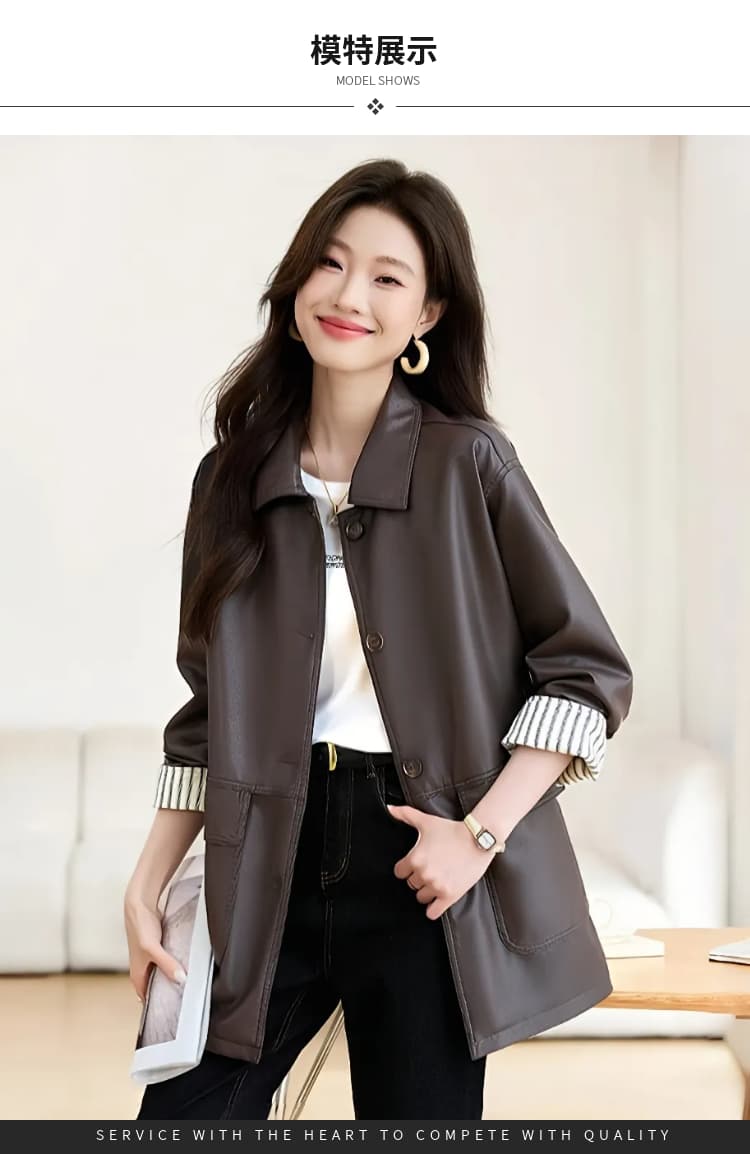 가을 겨울철 새로운 디자인 센스 패치워크 검정색 PU 가죽 여성 코트 바 En 바람 아메리칸 루즈핏 캐주얼 재킷 맨위 상세 이미지 8